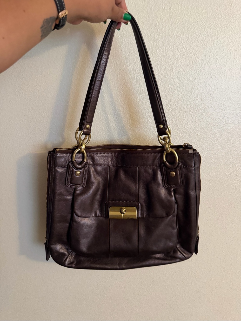 Coach Dark Brown Leather Shoulder Bag with Gold Hardware